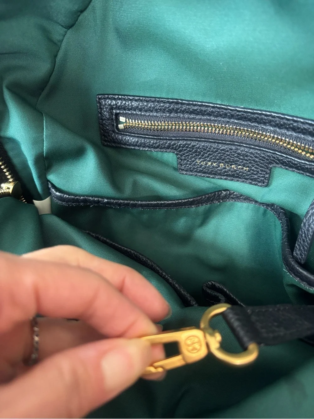 Tory Burch Perry Bombé Black Leather Backpack with Gold Hardware